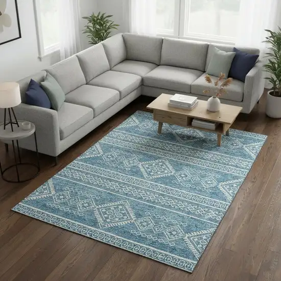 Teal And Ivory Southwestern Washable Area Rug With UV Protection Photo 2