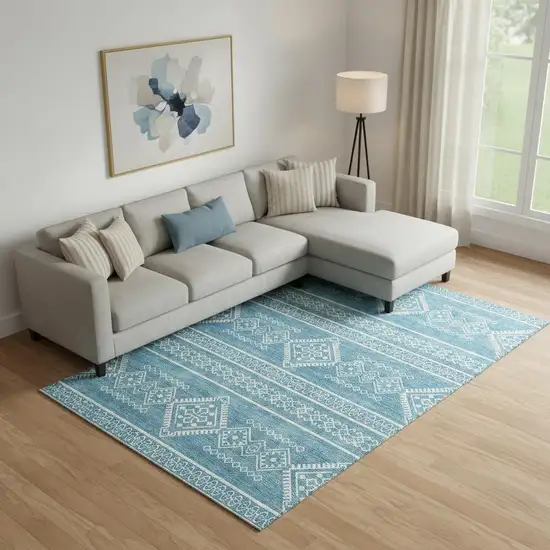 Teal And Ivory Southwestern Washable Area Rug With UV Protection Photo 1