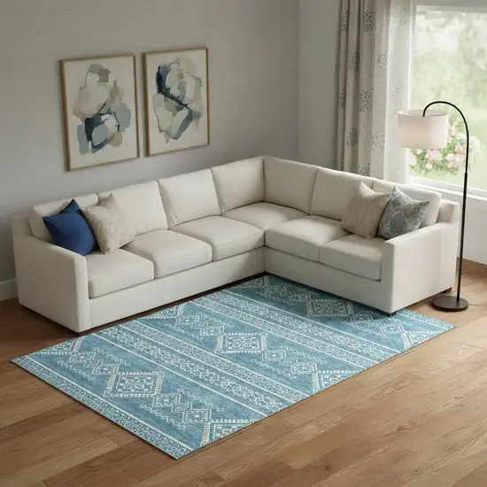 Teal And Ivory Southwestern Washable Area Rug With UV Protection Photo 1