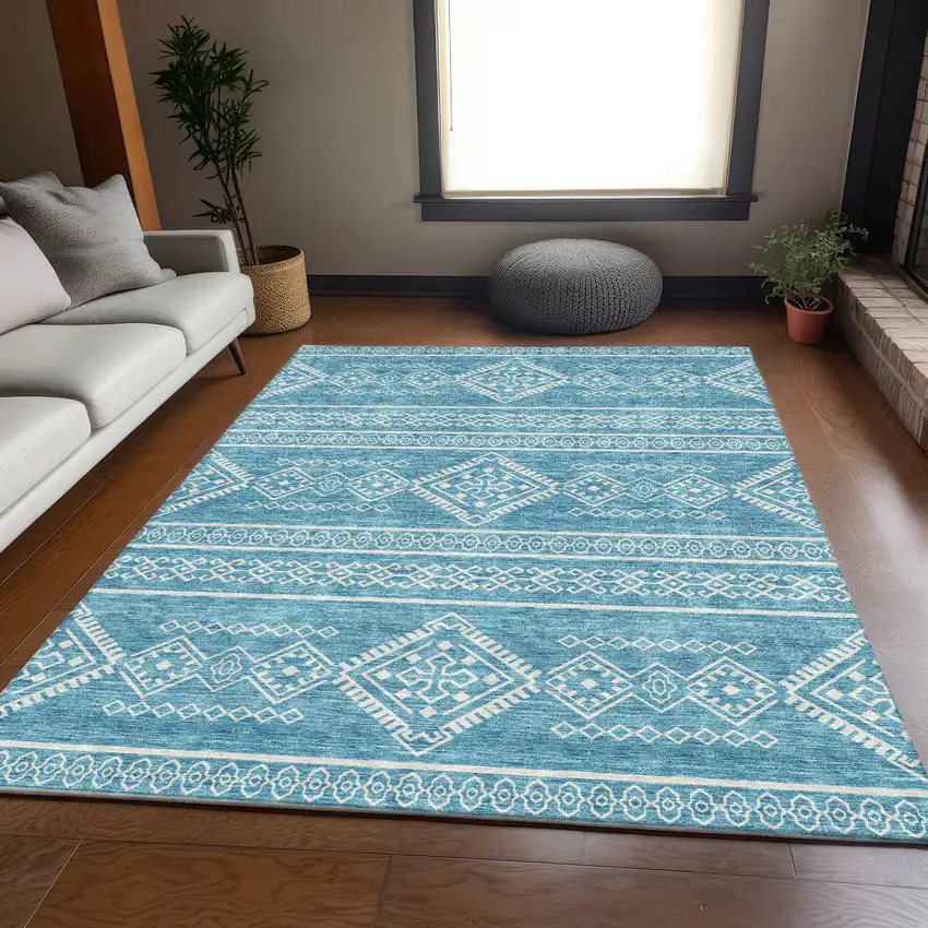 Teal And Ivory Southwestern Washable Area Rug With UV Protection Photo 6