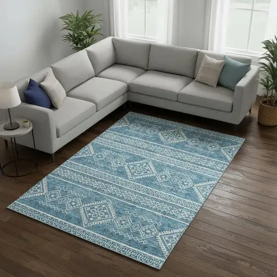 Teal And Ivory Southwestern Washable Area Rug With UV Protection Photo 2