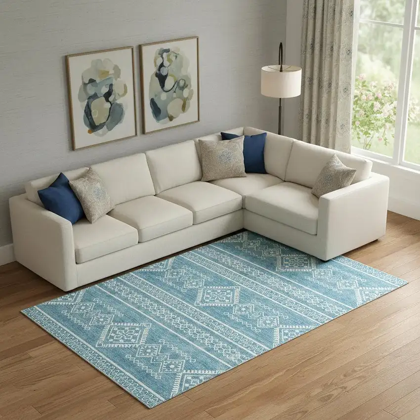 Teal And Ivory Southwestern Washable Area Rug With UV Protection Photo 1