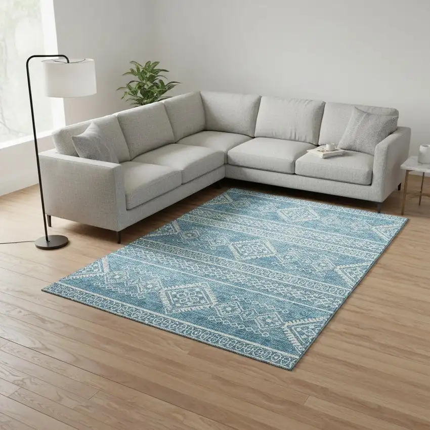 Teal And Ivory Southwestern Washable Area Rug With UV Protection Photo 2