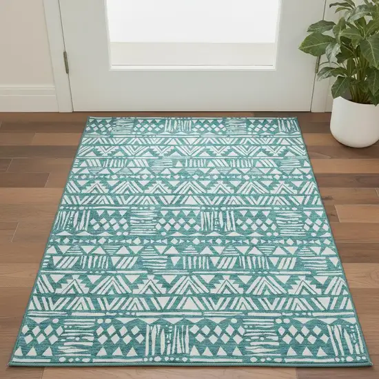 Teal And Ivory Southwestern Washable Area Rug With UV Protection Photo 2