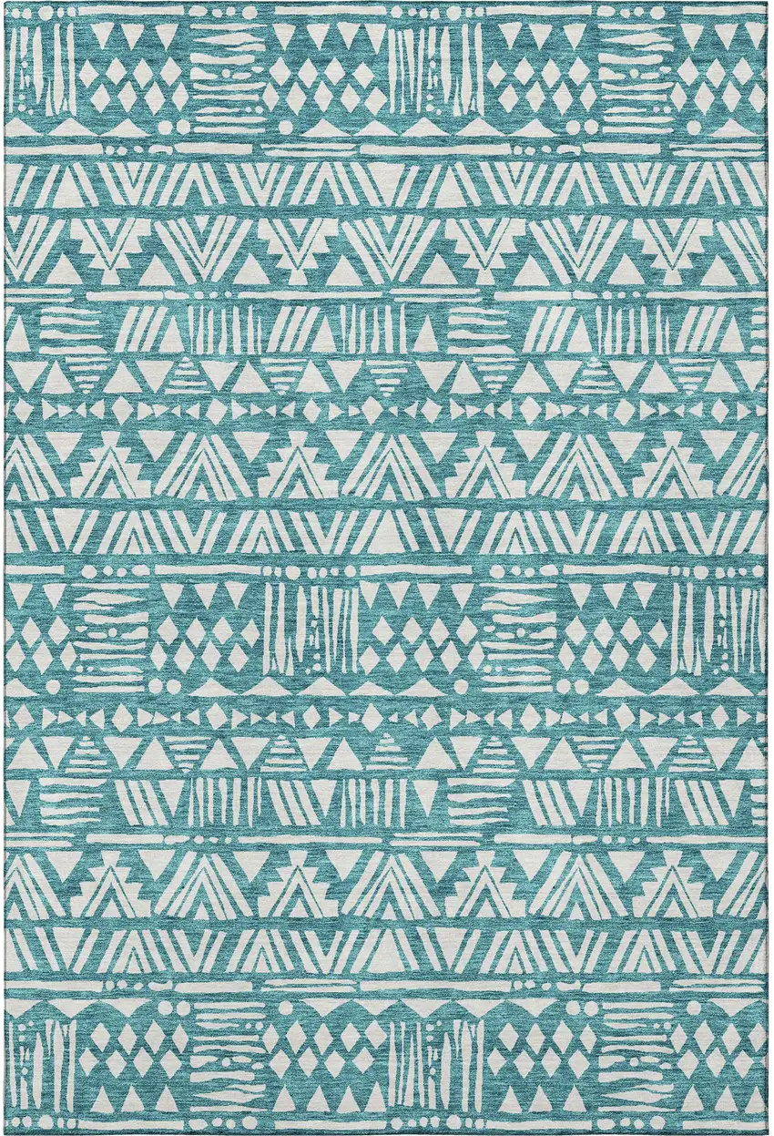 Teal And Ivory Southwestern Washable Area Rug With UV Protection Photo 4
