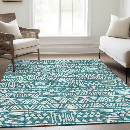 Teal And Ivory Southwestern Washable Area Rug With UV Protection Photo 6