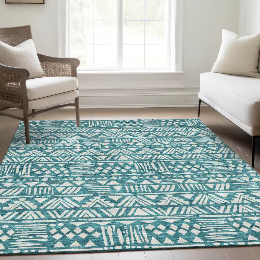 Teal And Ivory Southwestern Washable Area Rug With UV Protection Photo 6