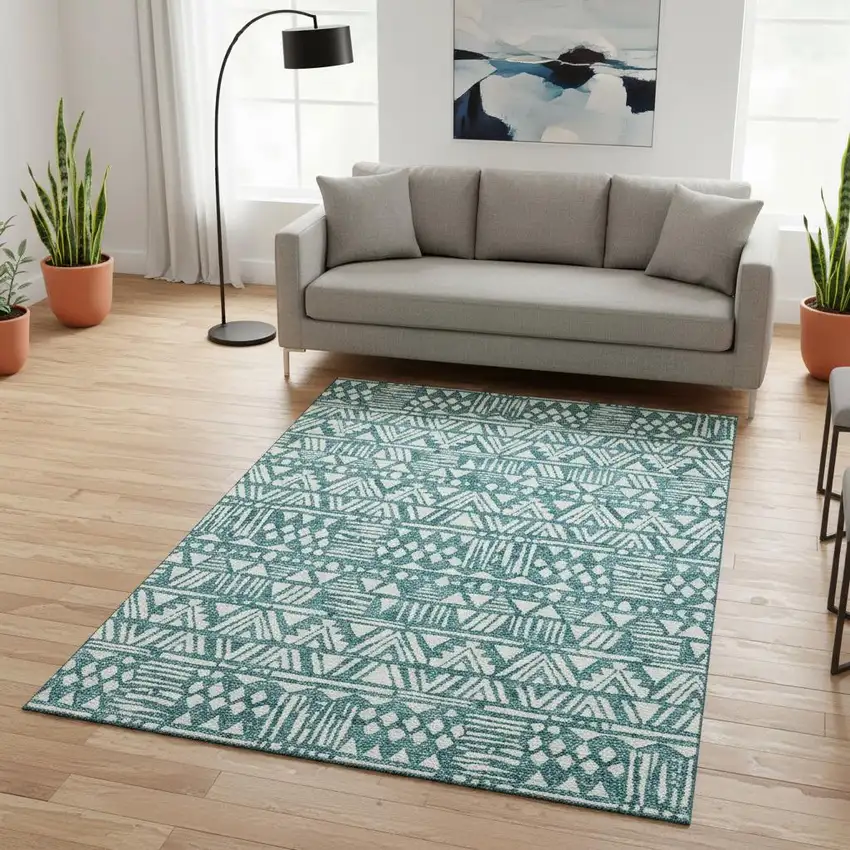 Teal And Ivory Southwestern Washable Area Rug With UV Protection Photo 2