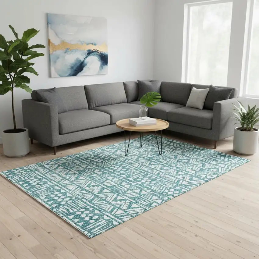 Teal And Ivory Southwestern Washable Area Rug With UV Protection Photo 2