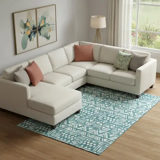 Teal And Ivory Southwestern Washable Area Rug With UV Protection Photo 1