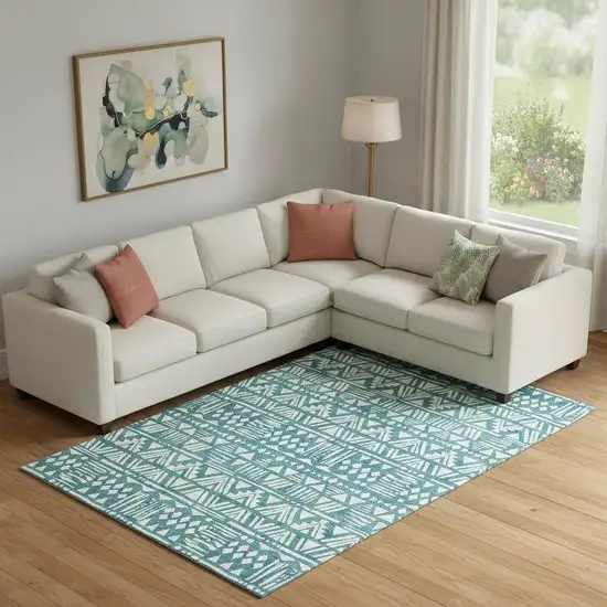 Teal And Ivory Southwestern Washable Area Rug With UV Protection Photo 1