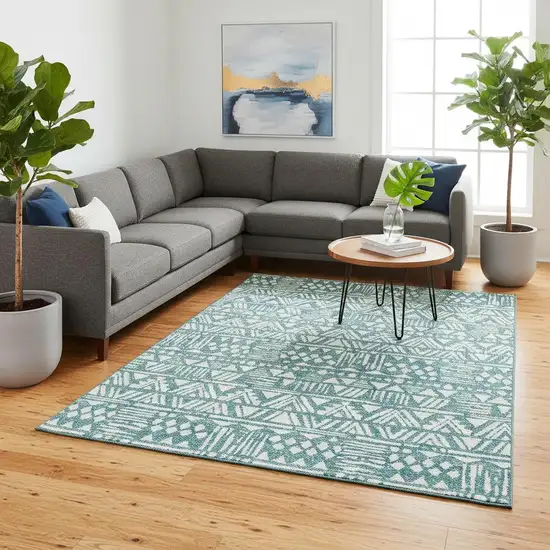 Teal And Ivory Southwestern Washable Area Rug With UV Protection Photo 2