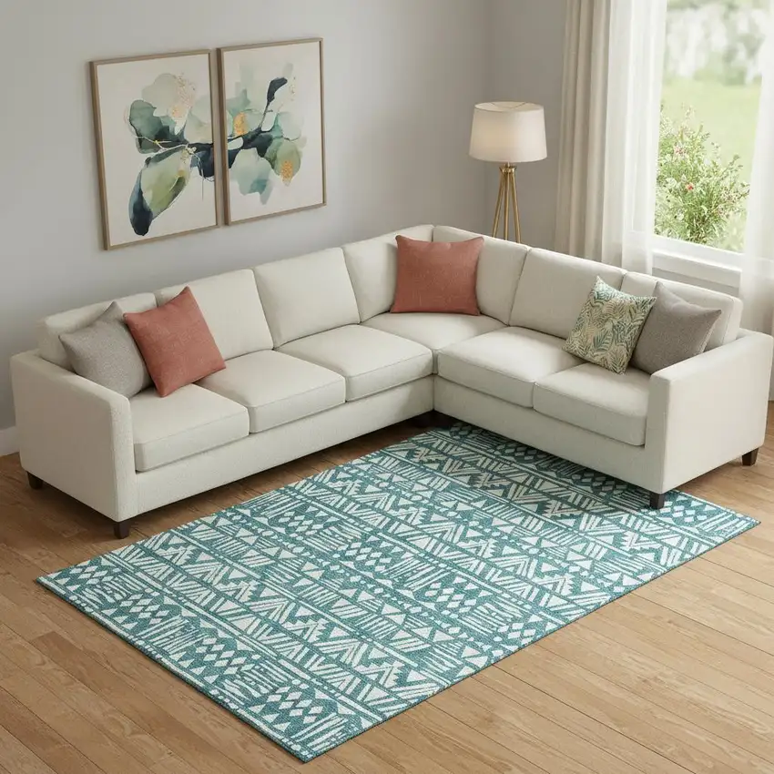 Teal And Ivory Southwestern Washable Area Rug With UV Protection Photo 1