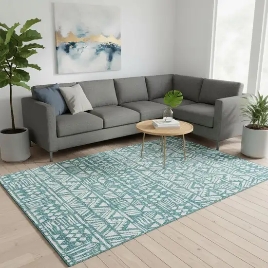 Teal And Ivory Southwestern Washable Area Rug With UV Protection Photo 2