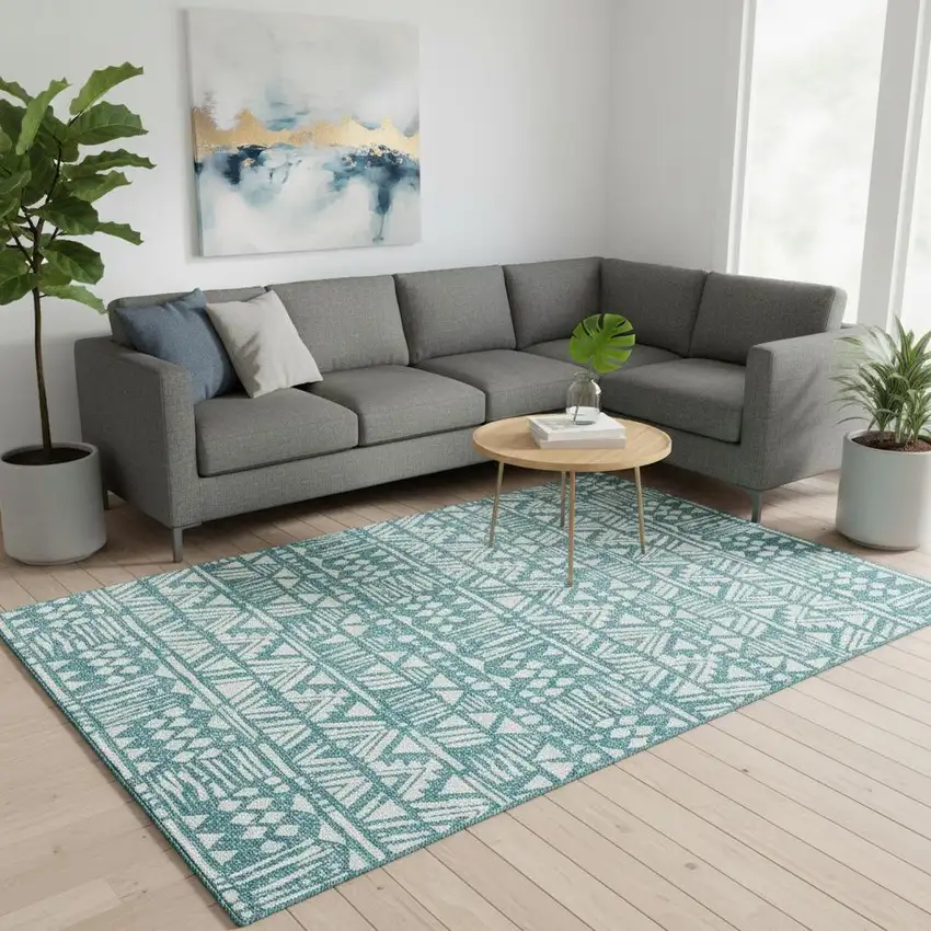 Teal And Ivory Southwestern Washable Area Rug With UV Protection Photo 2