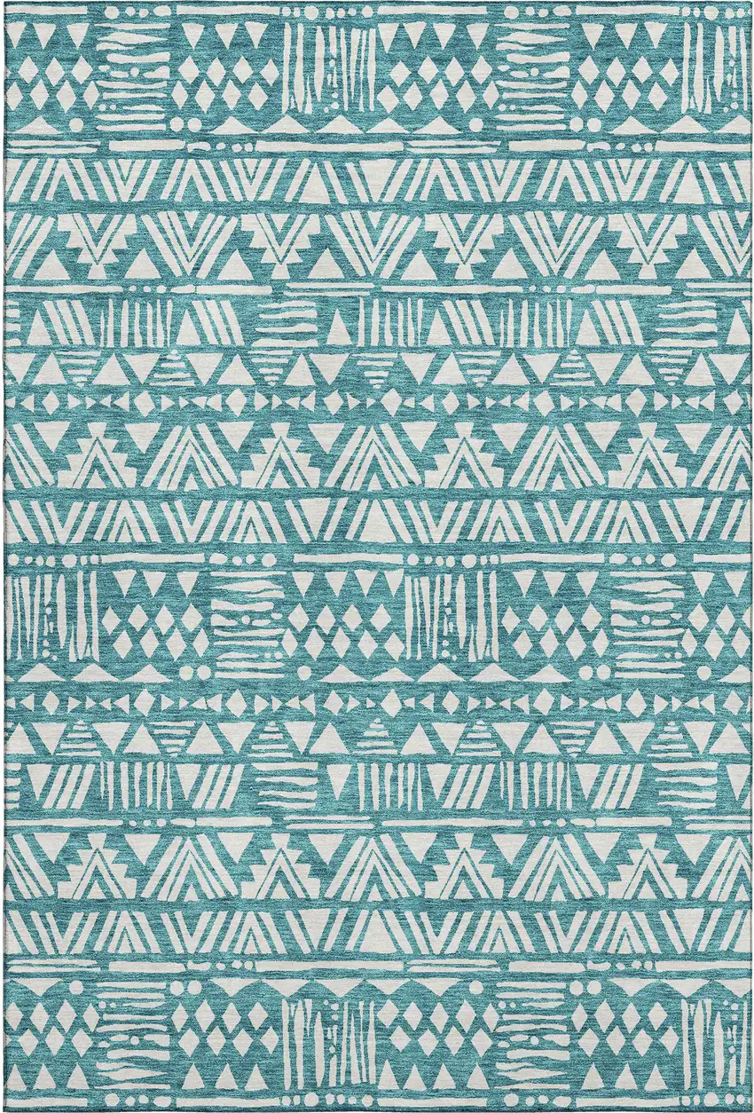 Teal And Ivory Southwestern Washable Area Rug With UV Protection Photo 1