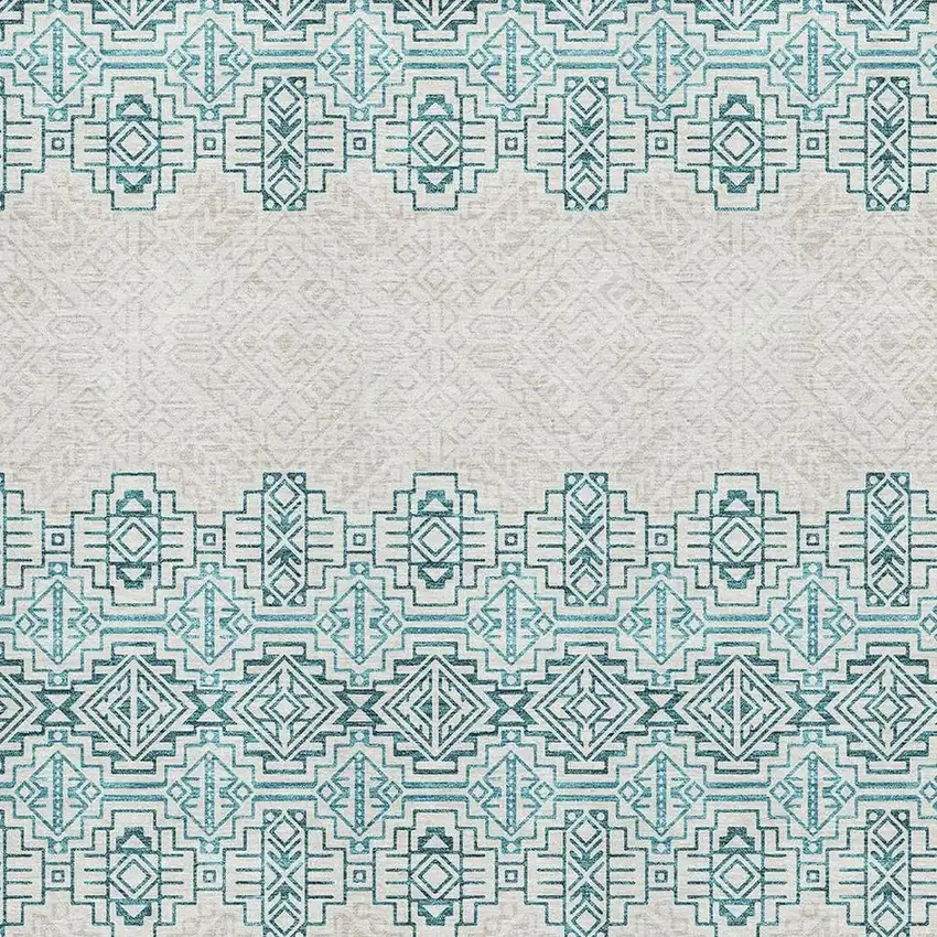 Teal And Ivory Southwestern Washable Area Rug With UV Protection Photo 2
