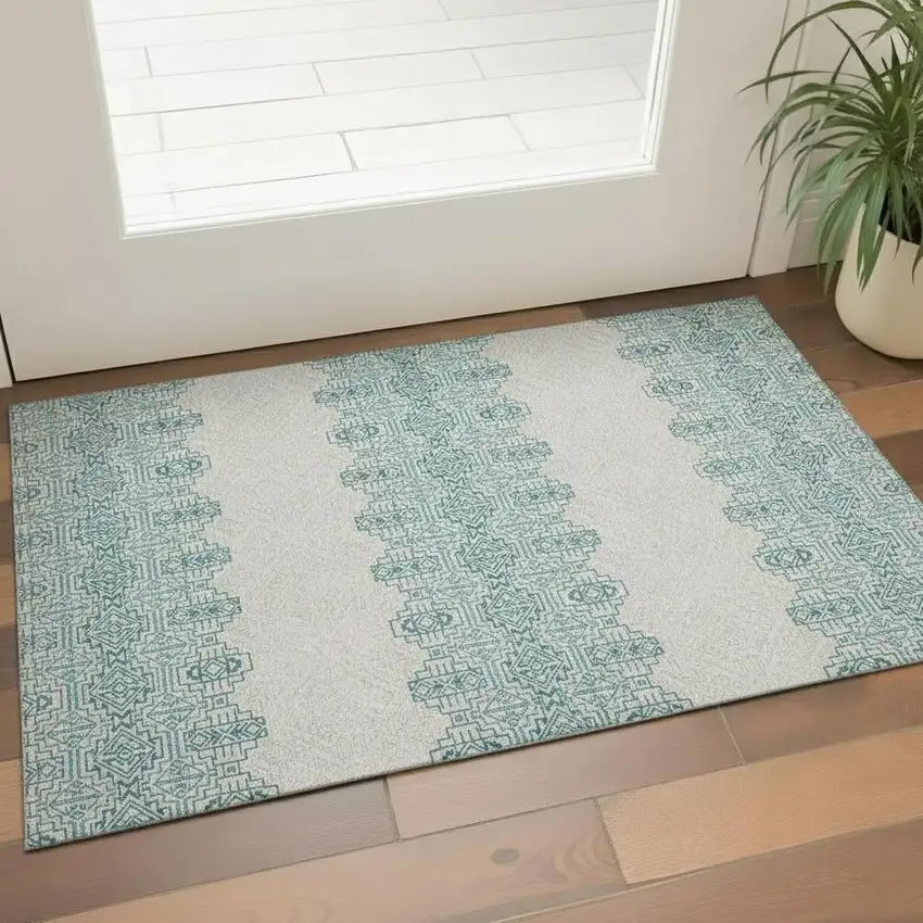 Teal And Ivory Southwestern Washable Area Rug With UV Protection Photo 2