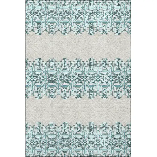 Teal And Ivory Southwestern Washable Area Rug With UV Protection Photo 3