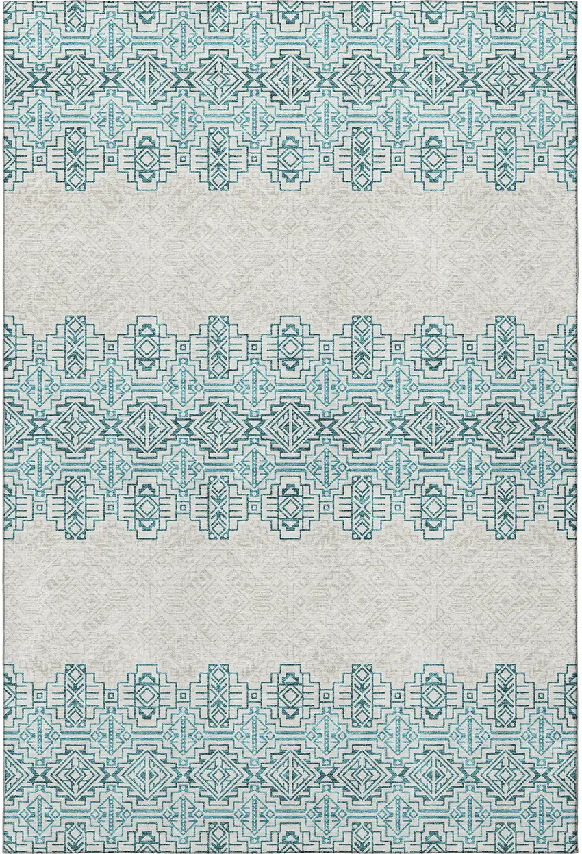 Teal And Ivory Southwestern Washable Area Rug With UV Protection Photo 3