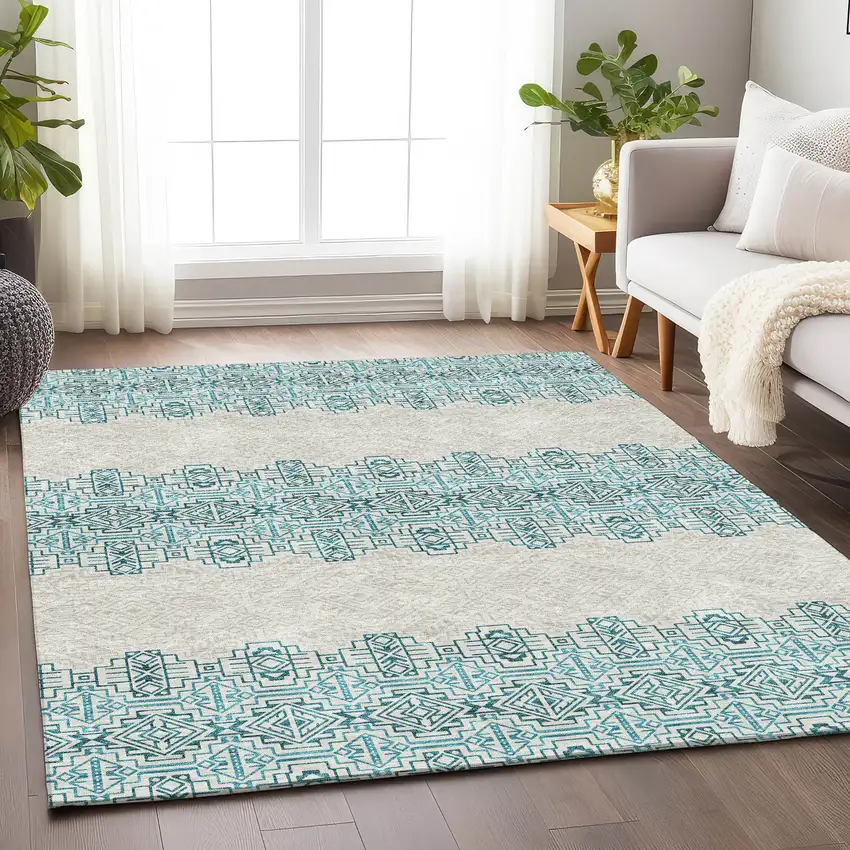 Teal And Ivory Southwestern Washable Area Rug With UV Protection Photo 5