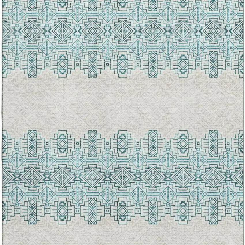 Teal And Ivory Southwestern Washable Area Rug With UV Protection Photo 2