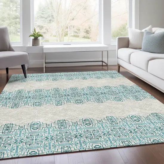Teal And Ivory Southwestern Washable Area Rug With UV Protection Photo 5