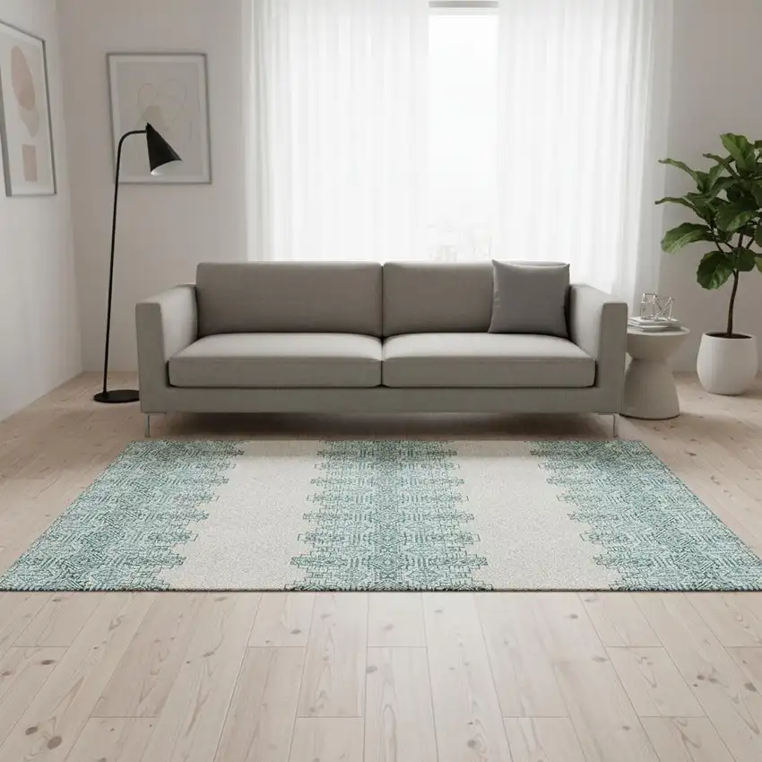 Teal And Ivory Southwestern Washable Area Rug With UV Protection Photo 2