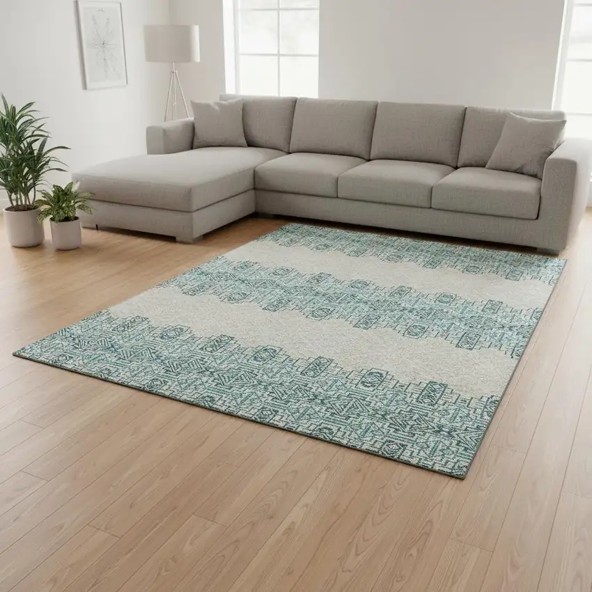 Teal And Ivory Southwestern Washable Area Rug With UV Protection Photo 2
