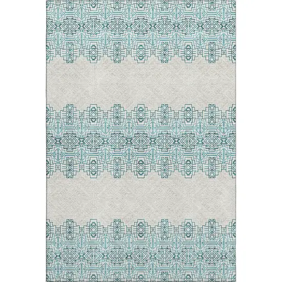 Teal And Ivory Southwestern Washable Area Rug With UV Protection Photo 1