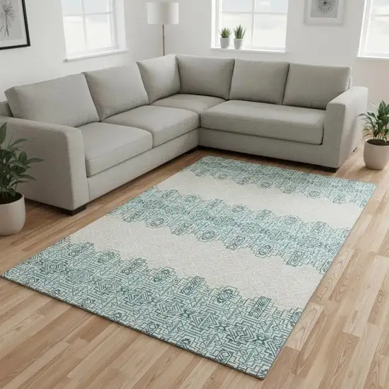 Teal And Ivory Southwestern Washable Area Rug With UV Protection Photo 2
