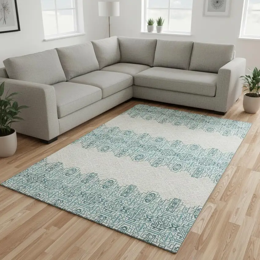 Teal And Ivory Southwestern Washable Area Rug With UV Protection Photo 2