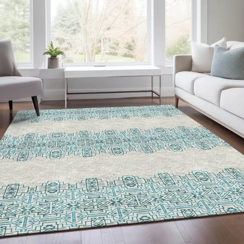 Teal And Ivory Southwestern Washable Area Rug With UV Protection Photo 5