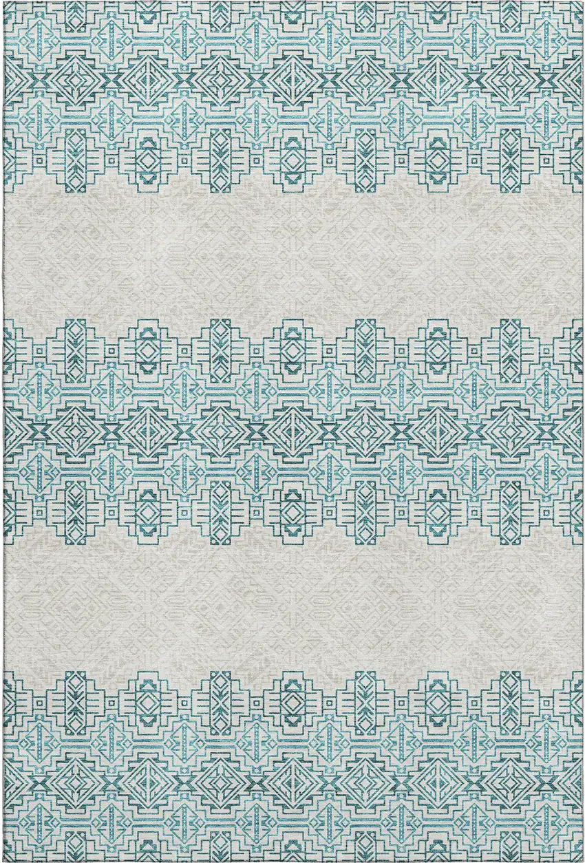 Teal And Ivory Southwestern Washable Area Rug With UV Protection Photo 1