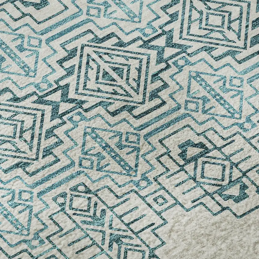 Teal And Ivory Southwestern Washable Area Rug With UV Protection Photo 9