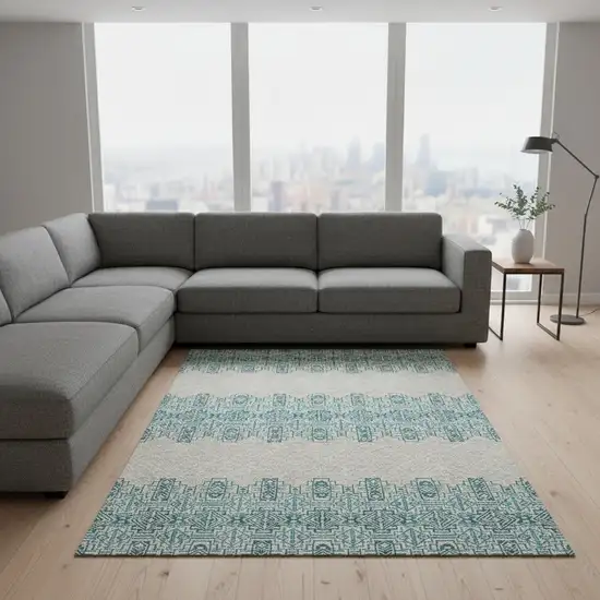 Teal And Ivory Southwestern Washable Area Rug With UV Protection Photo 2