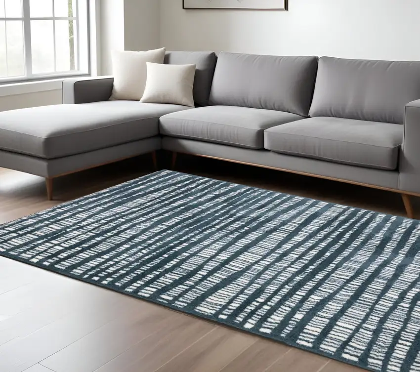 Teal And Ivory Striped Distressed Area Rug Photo 1