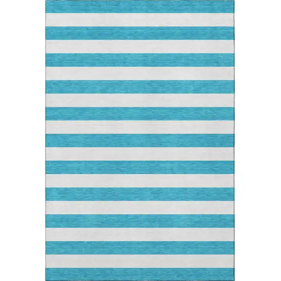 Teal And Ivory Striped Washable Area Rug With UV Protection Photo 4
