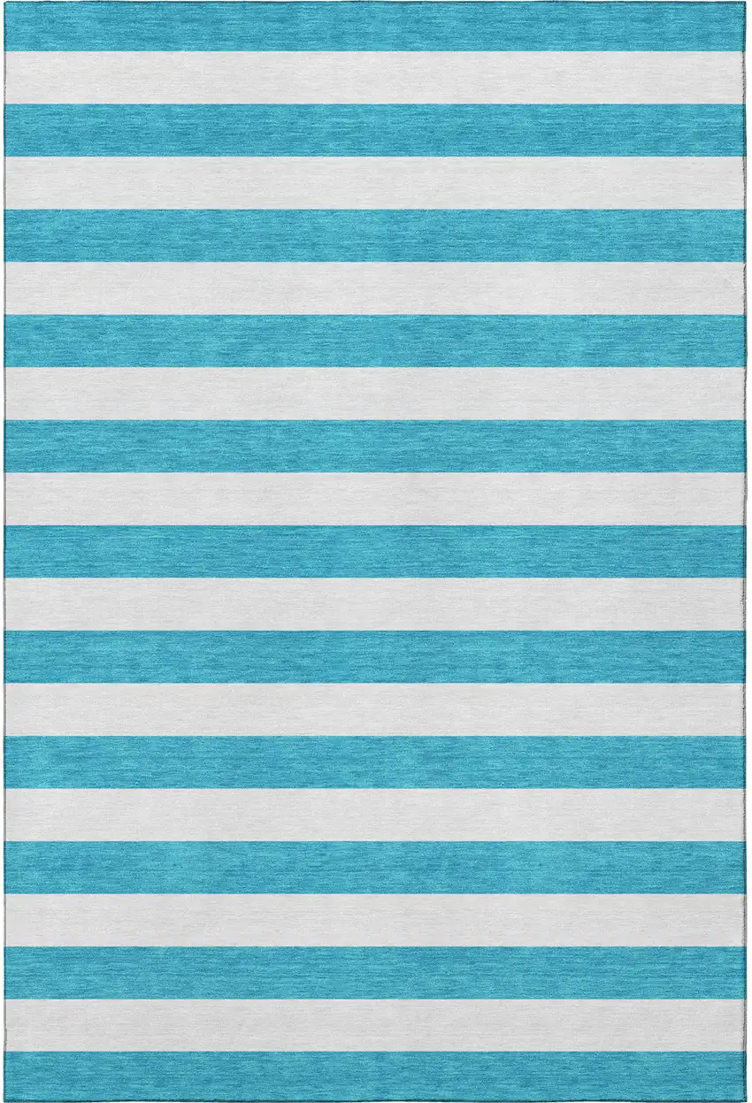 Teal And Ivory Striped Washable Area Rug With UV Protection Photo 4