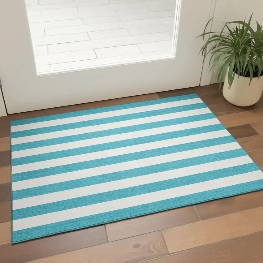 Teal And Ivory Striped Washable Area Rug With UV Protection Photo 2