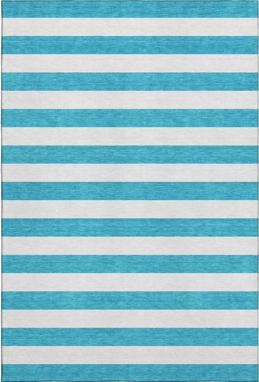 Teal And Ivory Striped Washable Area Rug With UV Protection Photo 1