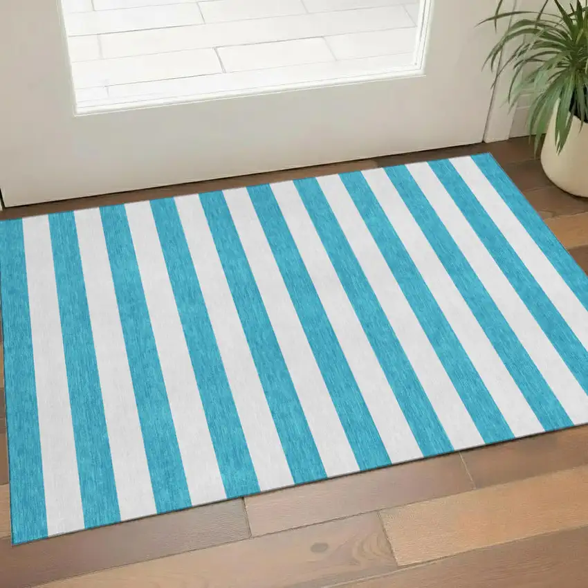 Teal And Ivory Striped Washable Area Rug With UV Protection Photo 1