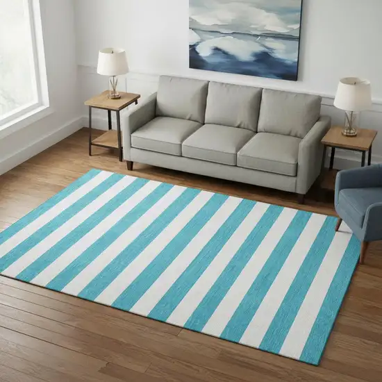 Teal And Ivory Striped Washable Area Rug With UV Protection Photo 2