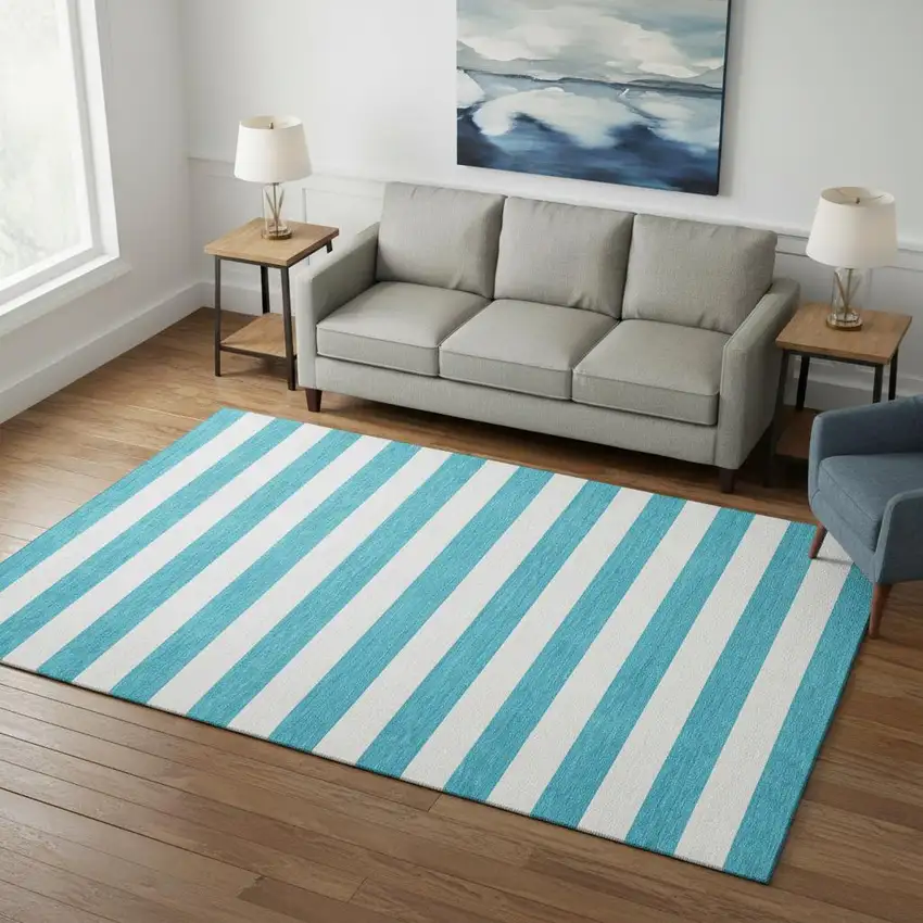 Teal And Ivory Striped Washable Area Rug With UV Protection Photo 2