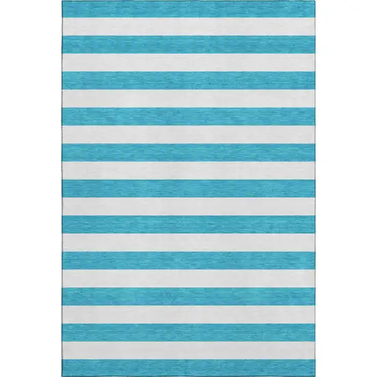 Teal And Ivory Striped Washable Area Rug With UV Protection Photo 1