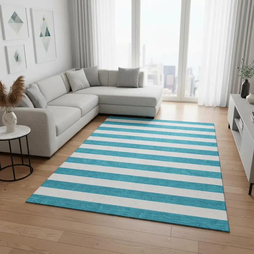 Teal And Ivory Striped Washable Area Rug With UV Protection Photo 2