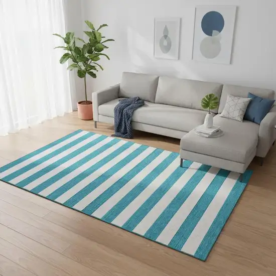 Teal And Ivory Striped Washable Area Rug With UV Protection Photo 2