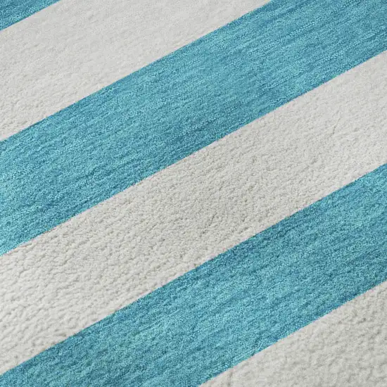 Teal And Ivory Striped Washable Area Rug With UV Protection Photo 3