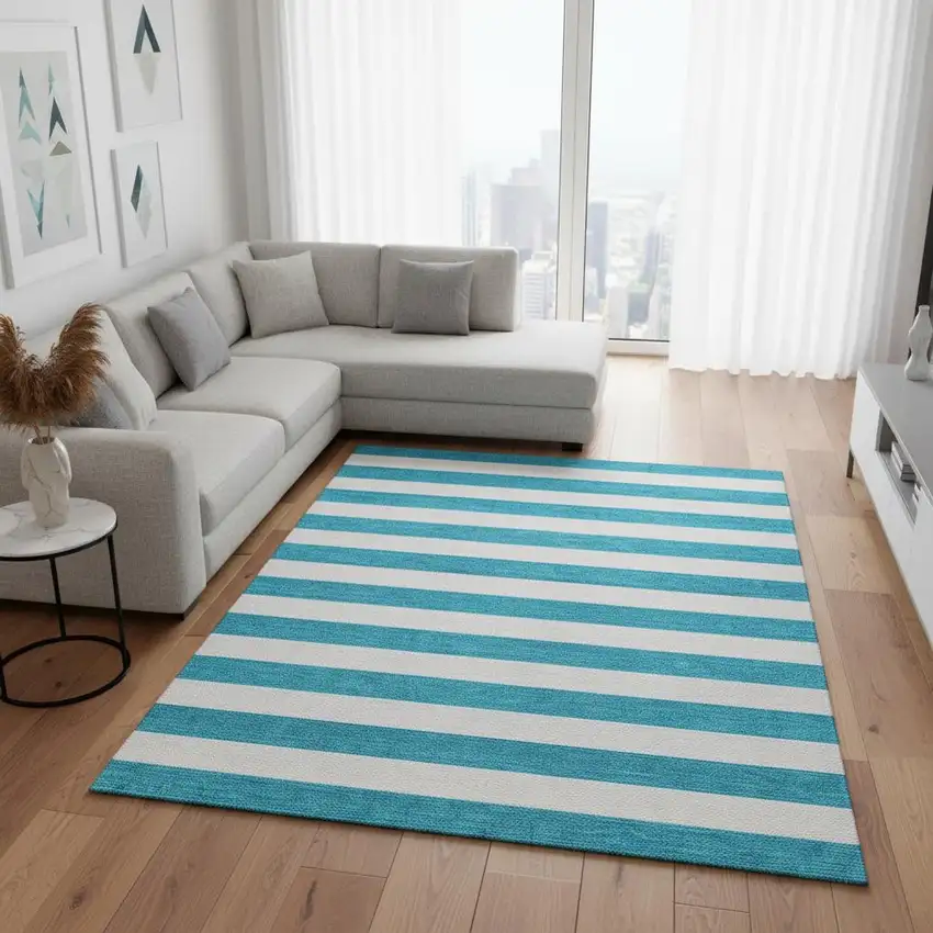 Teal And Ivory Striped Washable Area Rug With UV Protection Photo 2