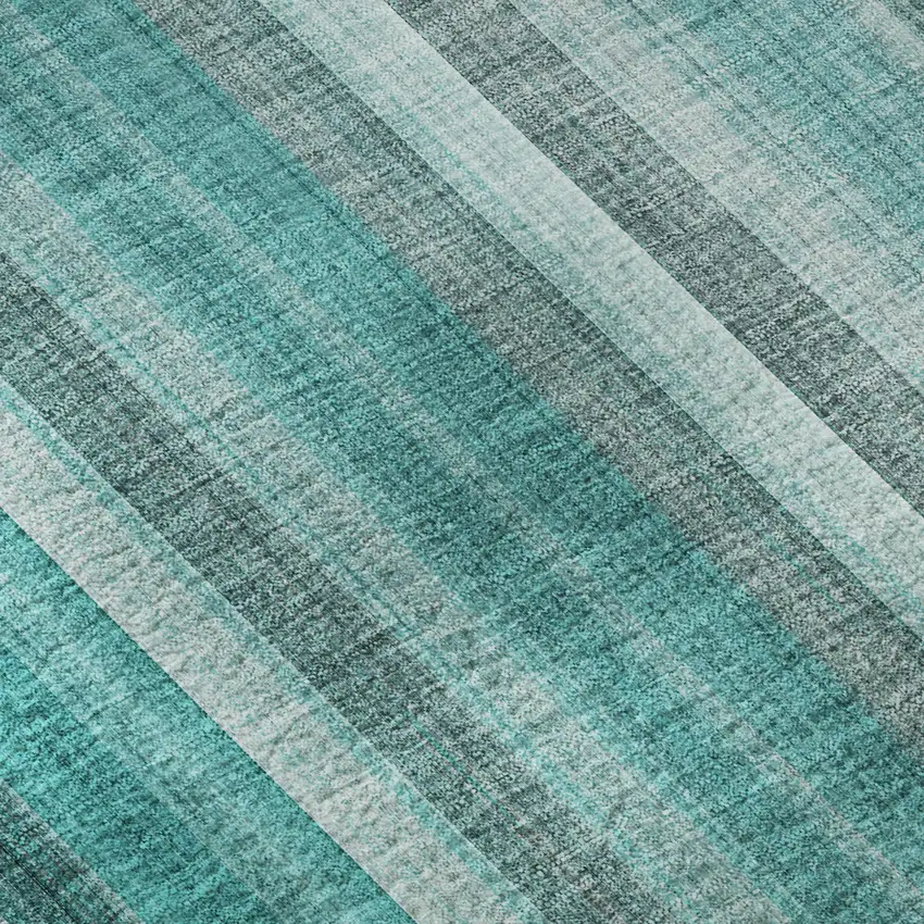 Teal And Ivory Striped Washable Area Rug With UV Protection Photo 9
